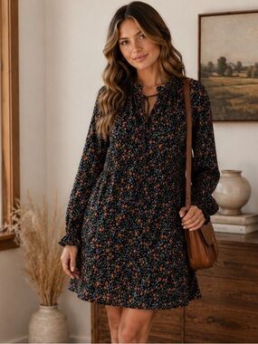 Kirundo Floral Long Sleeve Mini Dress, Cottagecore Prairie Boho